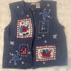 Bobbie Brooks Vintage Christmas Zip-up Blue Sweater Vest Sz XL